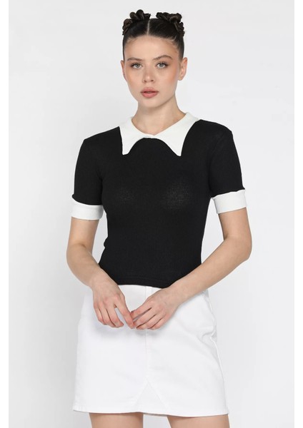 Kadın Polo Yaka Renk Garnili Kaşkorse Bluz P-00016854
