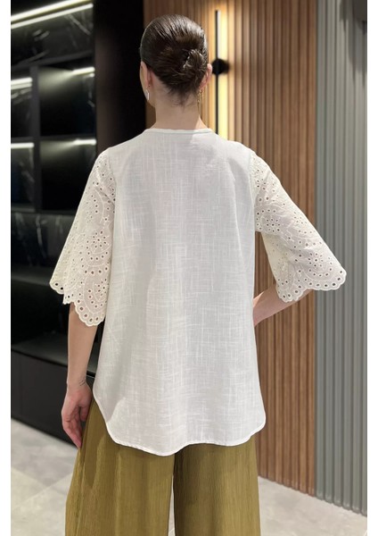 V Yaka Dantel Işlemeli Astarlı Kadın Bluz P-00016418 modelleri