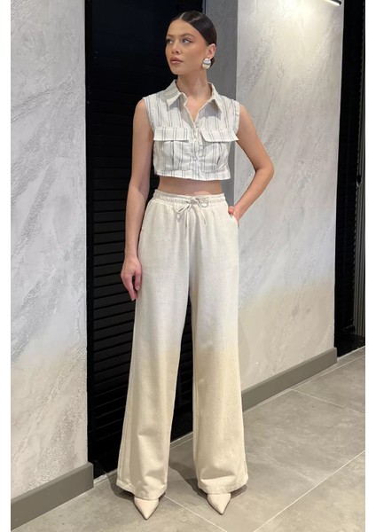 Kadın Yüksek Bel Bağlamalı Bol Paça Keten Pantolon P-00016591