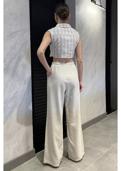 Kadın Yüksek Bel Bağlamalı Bol Paça Keten Pantolon P-00016591 modelleri
