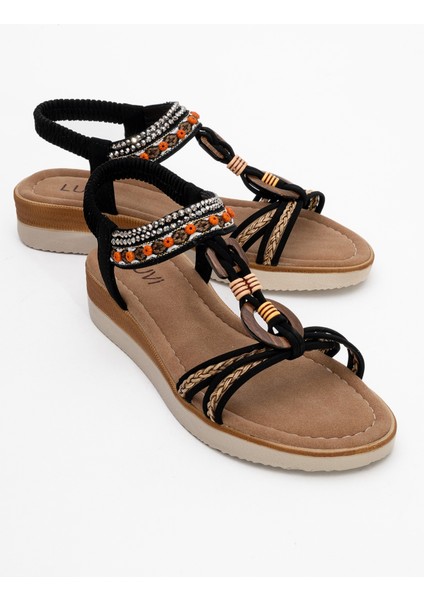 Cher Siyah Örgü Bantlı Taşlı Tokalı Kadın Sandalet