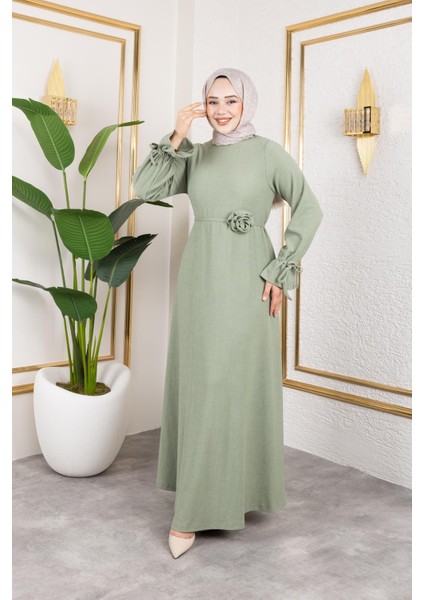 Kol Büzgülü Gül Detaylı ELBISE-5030 Su Yeşili