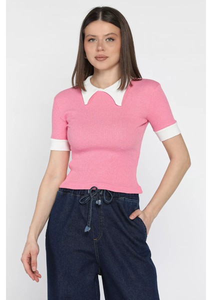 Kadın Polo Yaka Renk Garnili Kaşkorse Bluz P-00016854