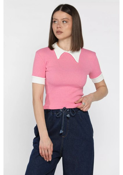 Kadın Polo Yaka Renk Garnili Kaşkorse Bluz P-00016854 fiyatları