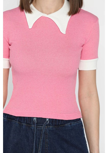 Kadın Polo Yaka Renk Garnili Kaşkorse Bluz P-00016854 fırsatları