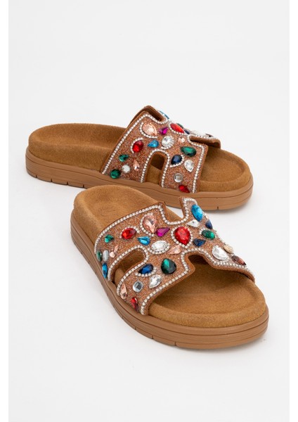 Brave Taba Hakiki Deri Renkli Taşlı Kadın Terlik