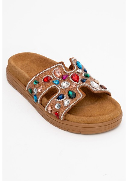 Brave Taba Hakiki Deri Renkli Taşlı Kadın Terlik modelleri