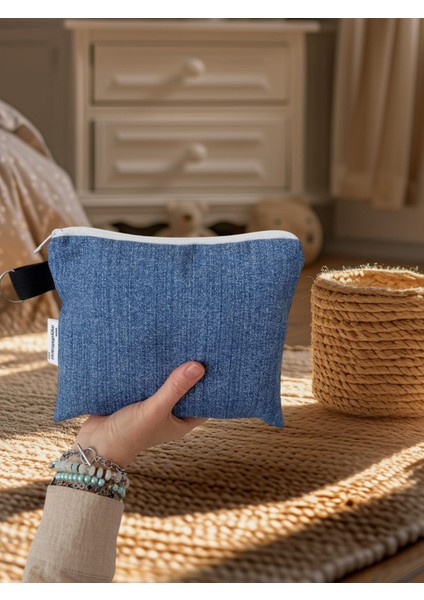 Şık Denim Kumaş Makyaj Çantası ,aksesuar Çantası, Kumaş Çanta