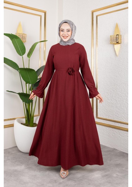 Kol Büzgülü Gül Detaylı ELBISE-5030 Bordo