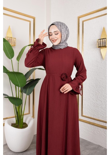 Kol Büzgülü Gül Detaylı ELBISE-5030 Bordo modelleri