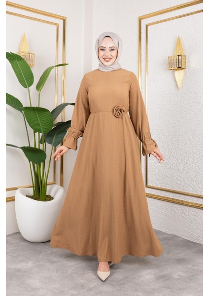Kol Büzgülü Gül Detaylı ELBISE-5030 Latte