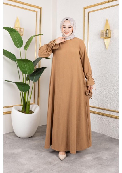 Kol Büzgülü Gül Detaylı ELBISE-5030 Latte fiyatları