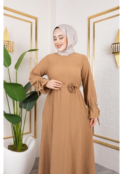 Kol Büzgülü Gül Detaylı ELBISE-5030 Latte modelleri