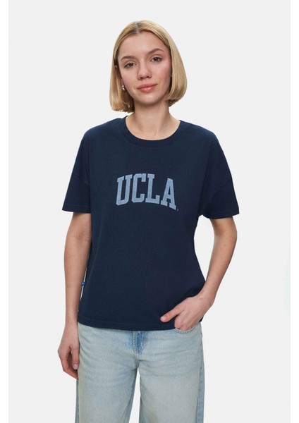 Everlee Lacivert Bisiklet Yaka Taş Yıkama Baskılı Loose Fit Kadın Tshirt