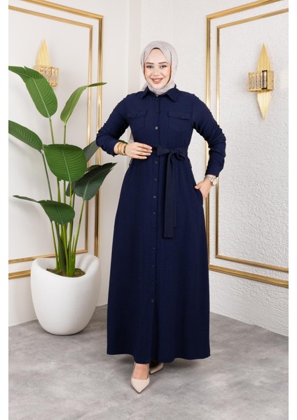 Ön Düğmeli Gizli Cep Detaylı ELBISE-5029 Lacivert