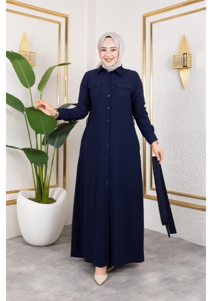 Ön Düğmeli Gizli Cep Detaylı ELBISE-5029 Lacivert fiyatları