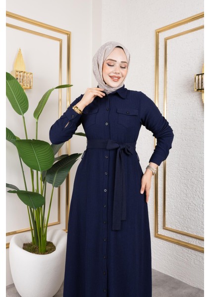 Ön Düğmeli Gizli Cep Detaylı ELBISE-5029 Lacivert modelleri