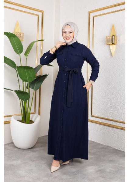 Ön Düğmeli Gizli Cep Detaylı ELBISE-5029 Lacivert fırsatları