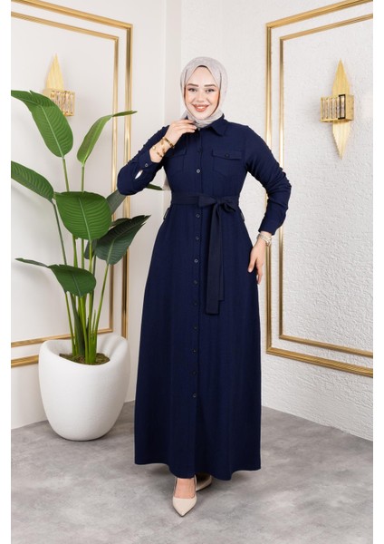 Ön Düğmeli Gizli Cep Detaylı ELBISE-5029 Lacivert indirimleri