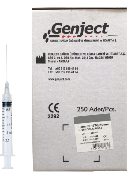 - 2.5 ml 50MM Uzun Dental Luer Lock Enjektör - 250 Adet
