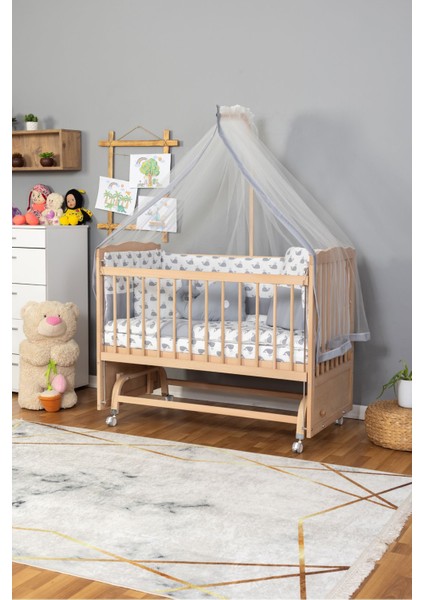 Ahşap Beşik Anne Yanı Tutku Organik (Boyasız) Bebek Beşiği Gri Balina Uyku Setli + Tekerlek