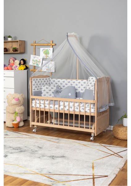 Ahşap Beşik Anne Yanı Tutku Organik (Boyasız) Bebek Beşiği Gri Balina Uyku Setli + Tekerlek fiyatları