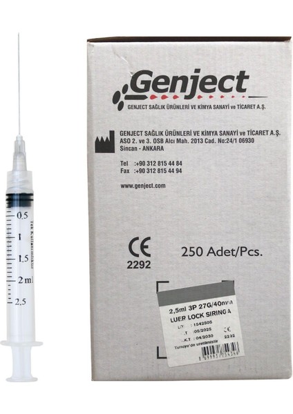 - 2.5 ml 40MM Kısa Luer Lock Dental Enjektör - 250 Adet