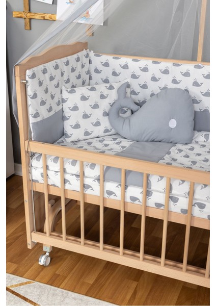 Ahşap Beşik Anne Yanı Tutku Organik (Boyasız) Bebek Beşiği Gri Balina Uyku Setli + Tekerlek modelleri