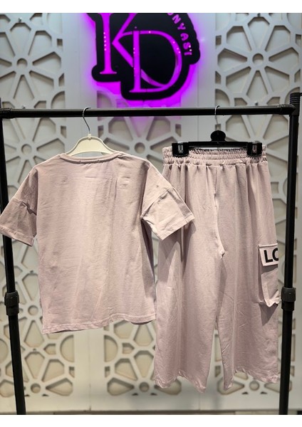 Love Baskılı Cepli Tişört Bol Paçalı Kısa Paça Mor Eşofman Kız Çocuk Alt Üst Takım fiyatları