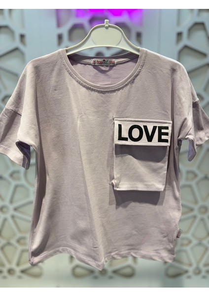 Love Baskılı Cepli Tişört Bol Paçalı Kısa Paça Mor Eşofman Kız Çocuk Alt Üst Takım modelleri