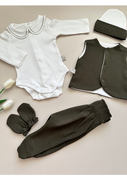 Yelekli Hastane Çıkışı Set - Haki / (Yelek, Pantolon, Body, Bere, Eldiven) fiyatları