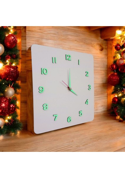 Fosforlu 3D Kabartma Rakam Ahşap Camsız 30*30 cm Kare Beyaz Duvar Saati