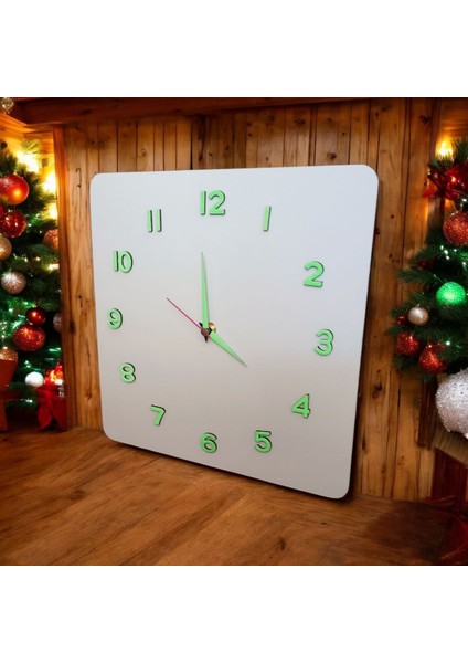 Fosforlu 3D Kabartma Rakam Ahşap Camsız 30*30 cm Kare Beyaz Duvar Saati