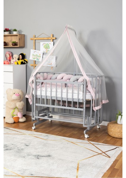 Ahşap Beşik Anne Yanı Yeni Doğan Papatya Gri Bebek Beşiği Pembe Gri Örgü Uyku Setli+Teker