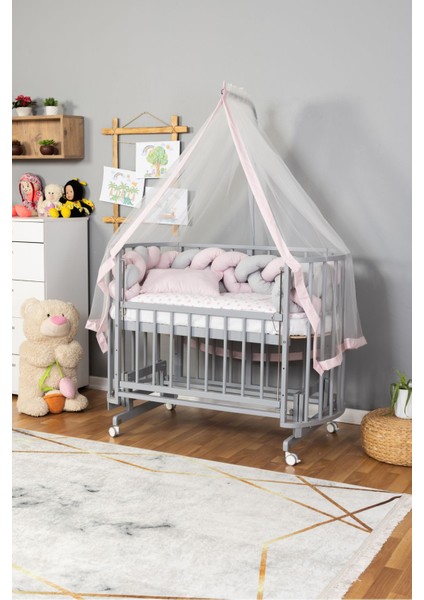 Ahşap Beşik Anne Yanı Yeni Doğan Papatya Gri Bebek Beşiği Pembe Gri Örgü Uyku Setli+Teker fiyatları