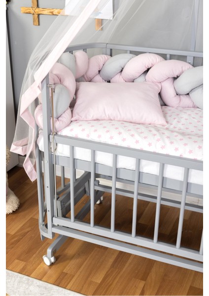Ahşap Beşik Anne Yanı Yeni Doğan Papatya Gri Bebek Beşiği Pembe Gri Örgü Uyku Setli+Teker modelleri