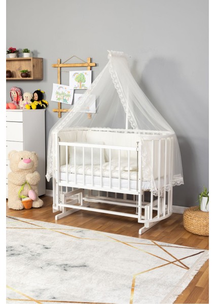 Ahşap Beşik Anne Yanı Yeni Doğan Papatya Beyaz Bebek Beşiği Krem Güpür Uyku Setli