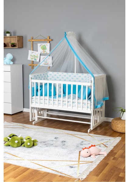 Ahşap Beşik Anne Yanı Yeni Doğan Asya Beyaz Bebek Beşiği Mavi Balina Uyku Setli