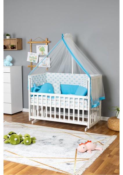 Ahşap Beşik Anne Yanı Yeni Doğan Asya Beyaz Bebek Beşiği Mavi Balina Uyku Setli fiyatları