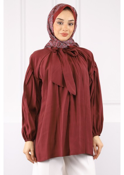 Bordo Yaka Detaylı Balon Kol Tunik