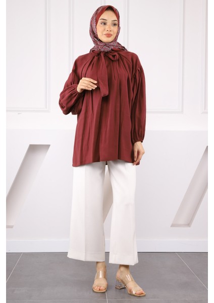 Bordo Yaka Detaylı Balon Kol Tunik
