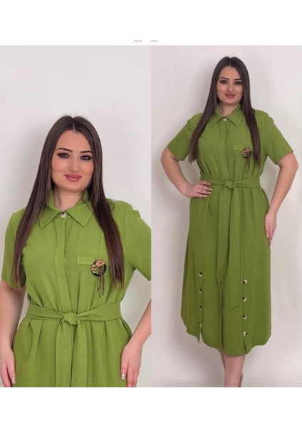 Büyük Beden Keten Kuşaklı Gömlek Elbise