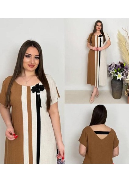 Büyük Beden Garnili Keten Elbise