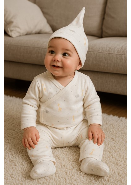 Kendinden Eldivenli ve Patikli Zürafalı 3lü Organik Hastane Çıkışı Seti