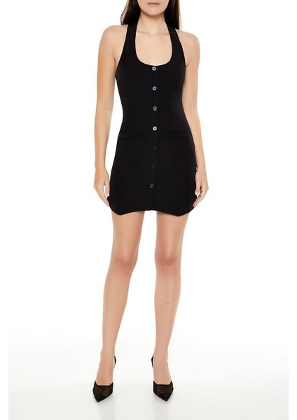 Düğme Detaylı Halter Yaka Mini Elbise fiyatları