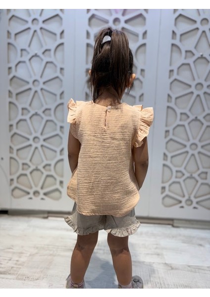 Müslin Yakası Fırfırlı Gömlek Keten Şort Kız Çocuk Alt Üst Takım fiyatları