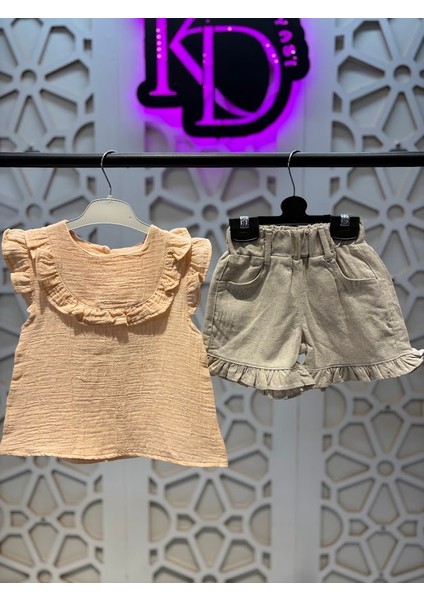 Müslin Yakası Fırfırlı Gömlek Keten Şort Kız Çocuk Alt Üst Takım modelleri