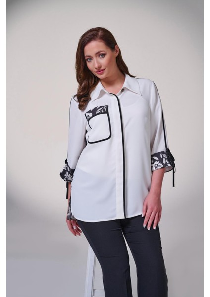 Büyük Beden Arkası Empirme Baskılı ve Kollar Da Bağcık Detaylı Gömlek