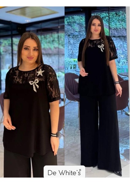 Büyük Beden Kısa Kol Kollu Dantel ve Fiyok Aksesuarlı Bluz