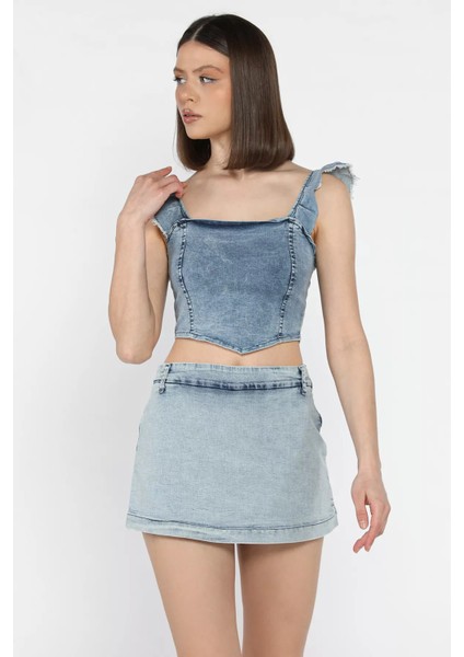 Kadın Yan Fermuar Detaylı Mini Jean Kot Şort Etek P-00016543 fiyatları